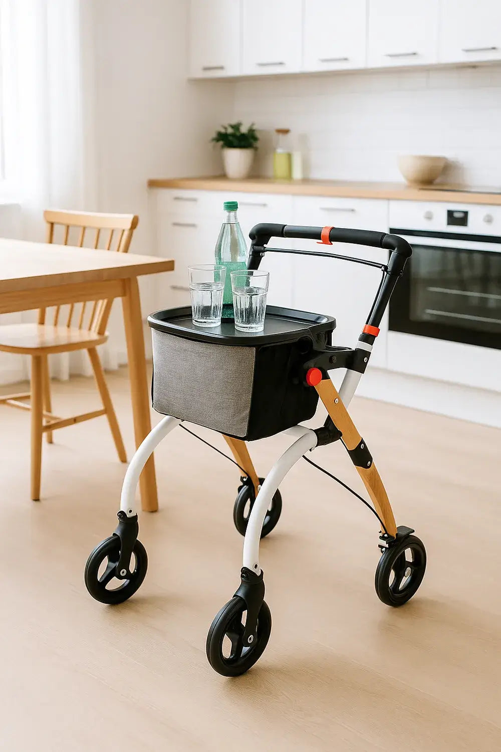 Indoor Rollator leicht 6,7 kg faltbar in Holzoptik mit Tablett und Tasche in der Küche, bis 120 kg belastbar