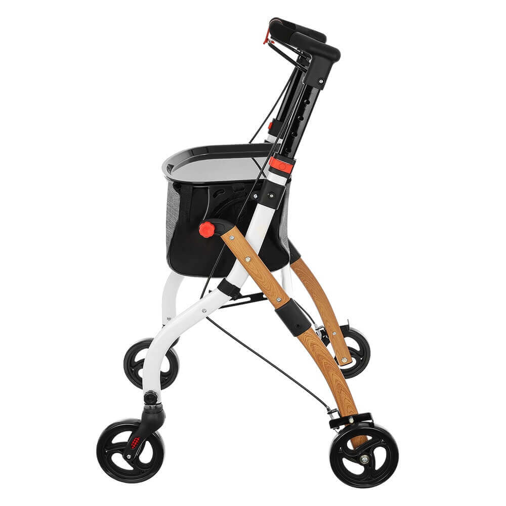 Indoor Rollator leicht 6,7 kg faltbar in Holzoptik, schwarzer Korb und Tablett, belastbar bis 120 kg – Indoor Gehwagen