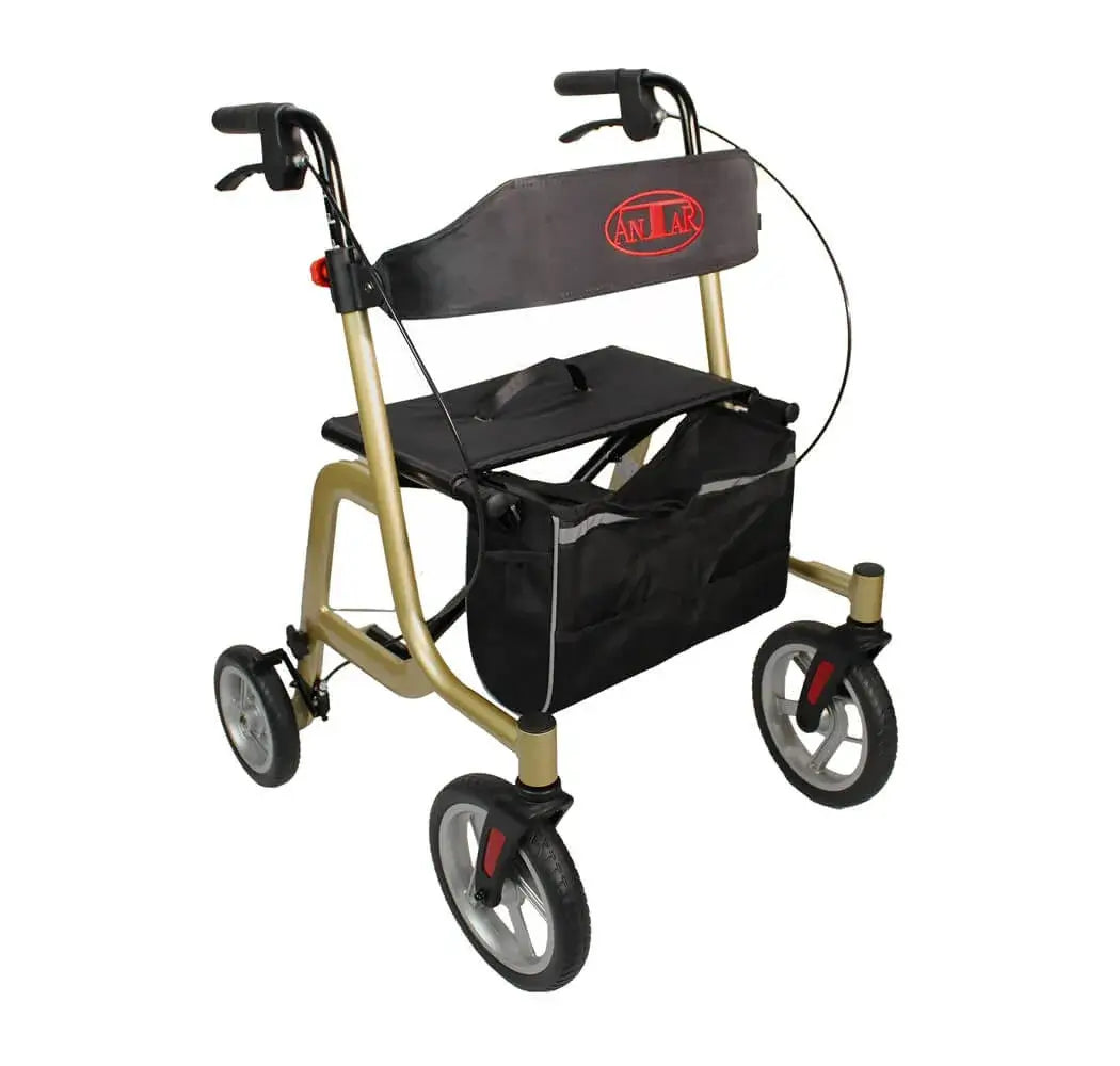 Aluminium Rollator Gold mit Sitz, Softrädern und Einkaufstasche – leichter, stabiler Rollator für innen und außen