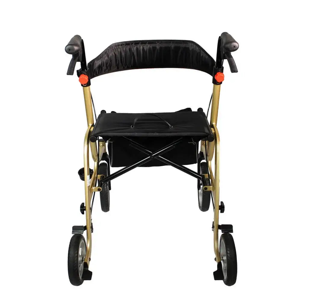 Aluminium Rollator Gold mit Sitz, Softrädern und Tasche, leicht und stabil für Innen- und Außenbereich