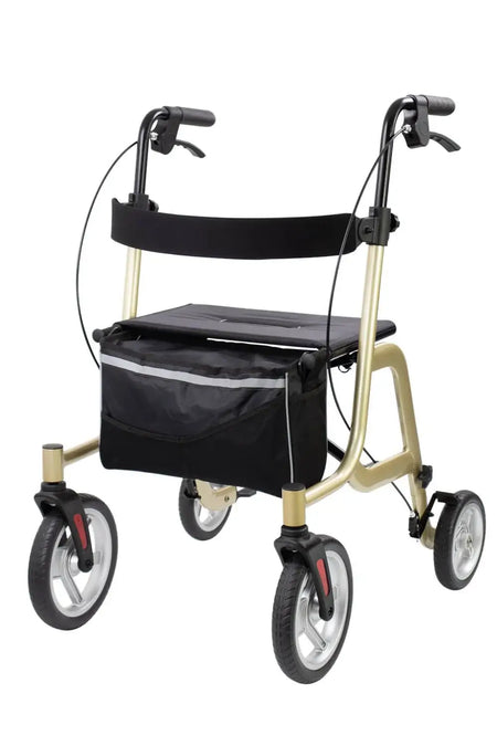 Aluminium Rollator gold mit Sitz, Softrädern und Tasche, leichter Gehwagen aus Aluminium für innen und außen