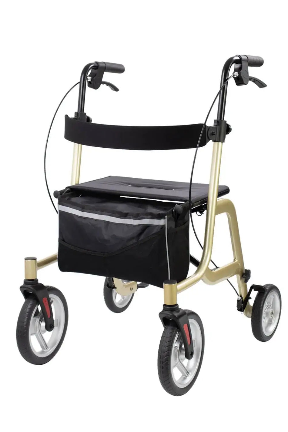 Aluminium Rollator gold mit Sitz, Softrädern und Tasche, leichter Gehwagen aus Aluminium für innen und außen