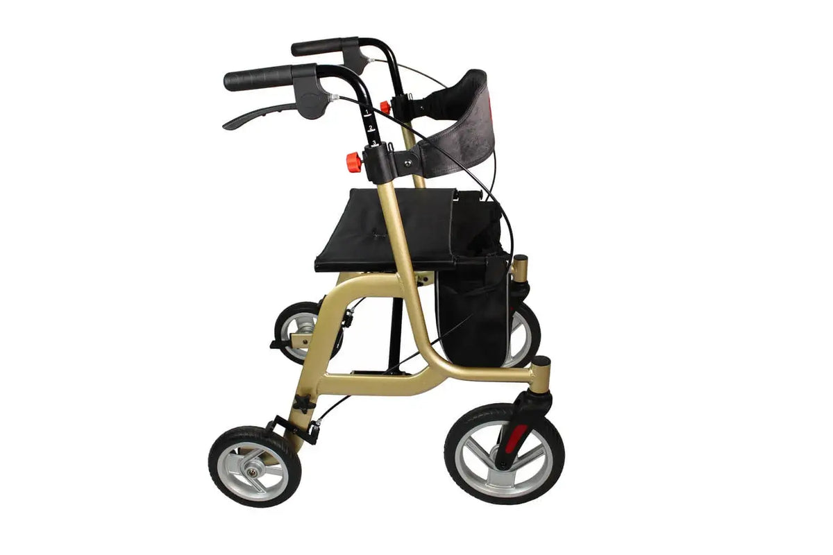 Aluminium Rollator Gold mit Sitz, Softrädern und Einkaufstasche – leichter, stabiler Gehwagen für Innen- und Außenbereich