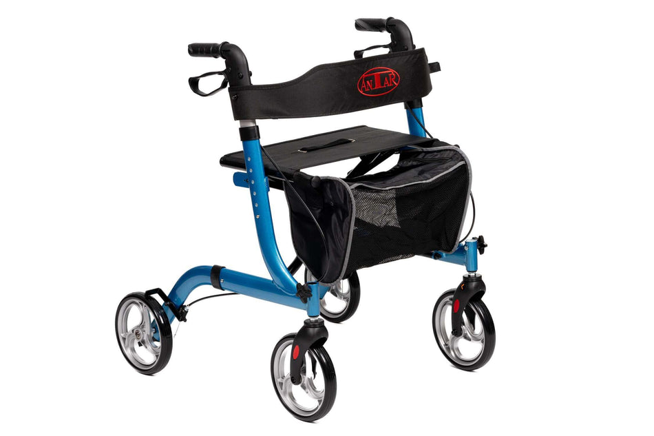 faltbarer Aluminium Rollator mit Sitz aus Aluminium, blau, mit Tasche und gepolsterter Sitzfläche, 4 Räder