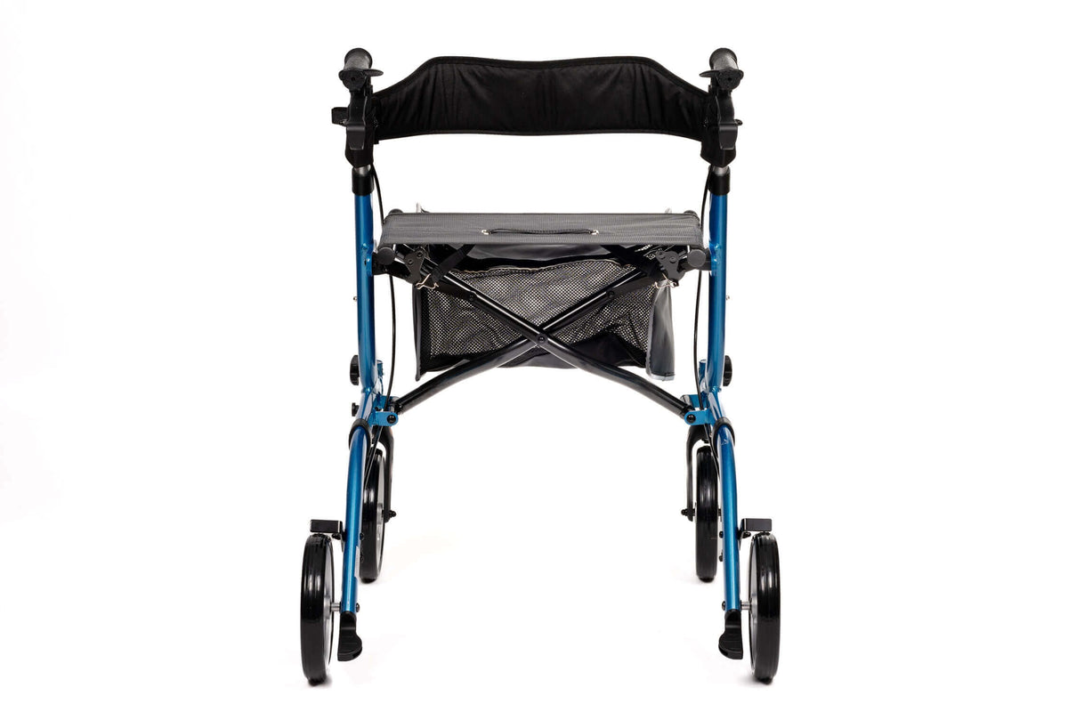 faltbarer Aluminium Rollator mit Sitz aus Aluminium, blau, mit Rückenlehne, Tasche und Handbremsen, faltbar und leicht
