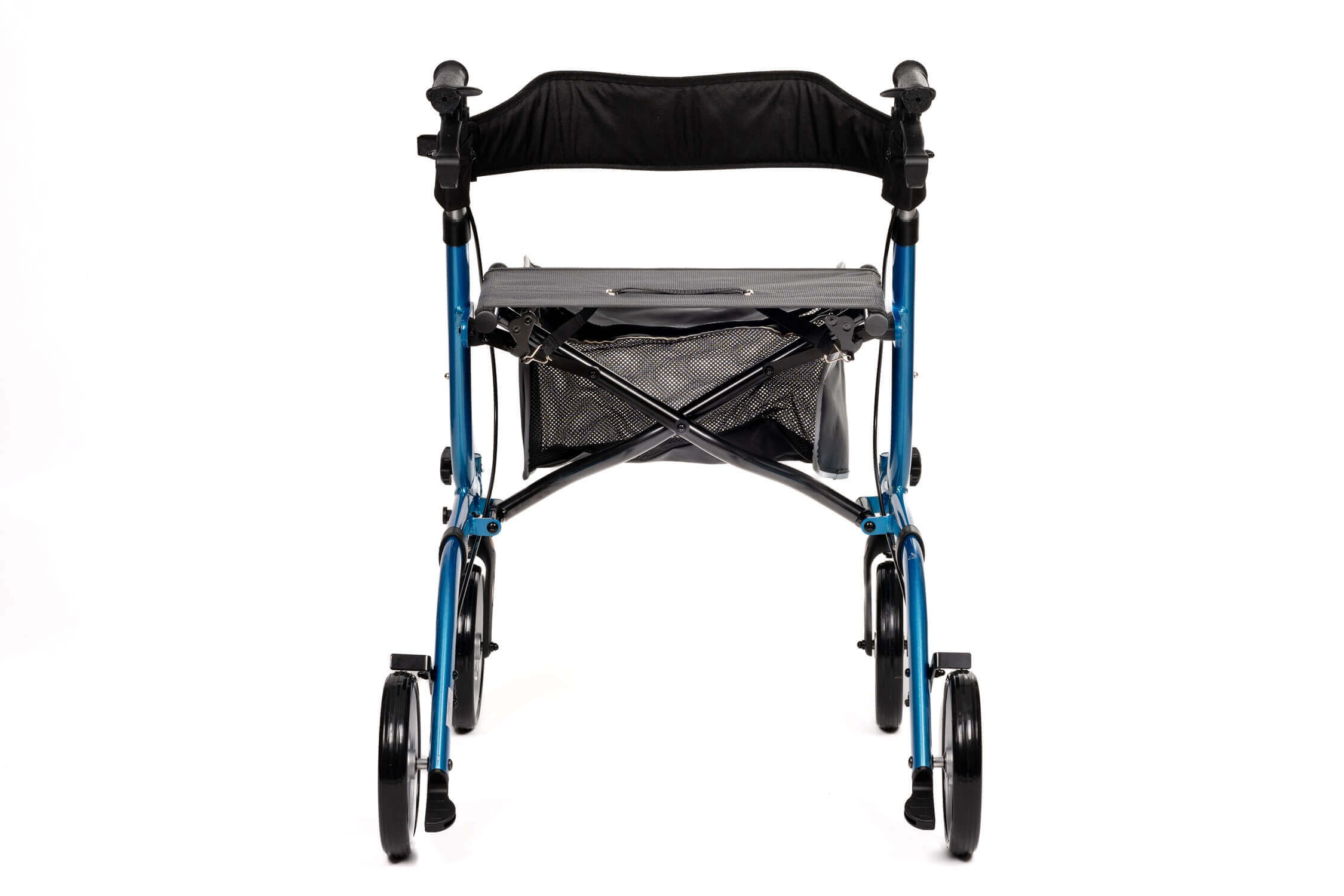 faltbarer Aluminium Rollator mit Sitz aus Aluminium, blau, mit Rückenlehne, Tasche und Handbremsen, faltbar und leicht