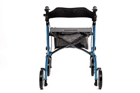 faltbarer Aluminium Rollator mit Sitz aus Aluminium, blau, mit Rückenlehne, Tasche und Handbremsen, faltbar und leicht