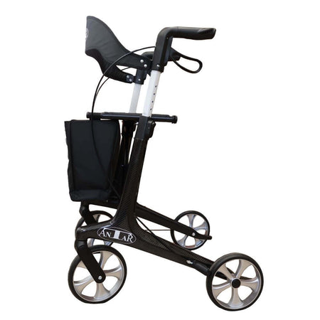 Carbon Rollator ultraleicht 5,9 kg aus Carbon, faltbar, bis 150 kg belastbar, mit Sitzfläche und Tasche – schwarzer Rollator