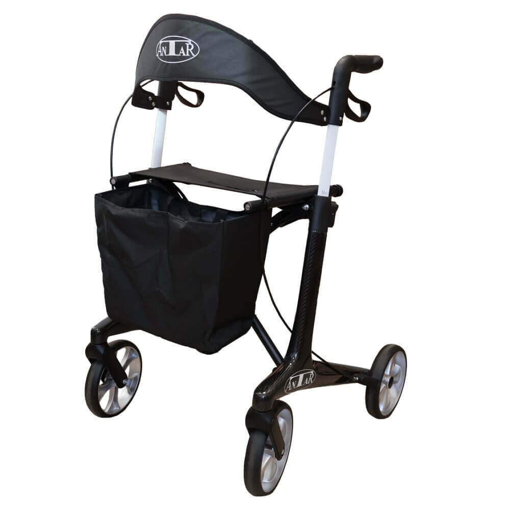 Carbon Rollator ultraleicht aus Carbon, faltbar, 5,9 kg, bis 150 kg belastbar, mit Sitzfläche und Tasche