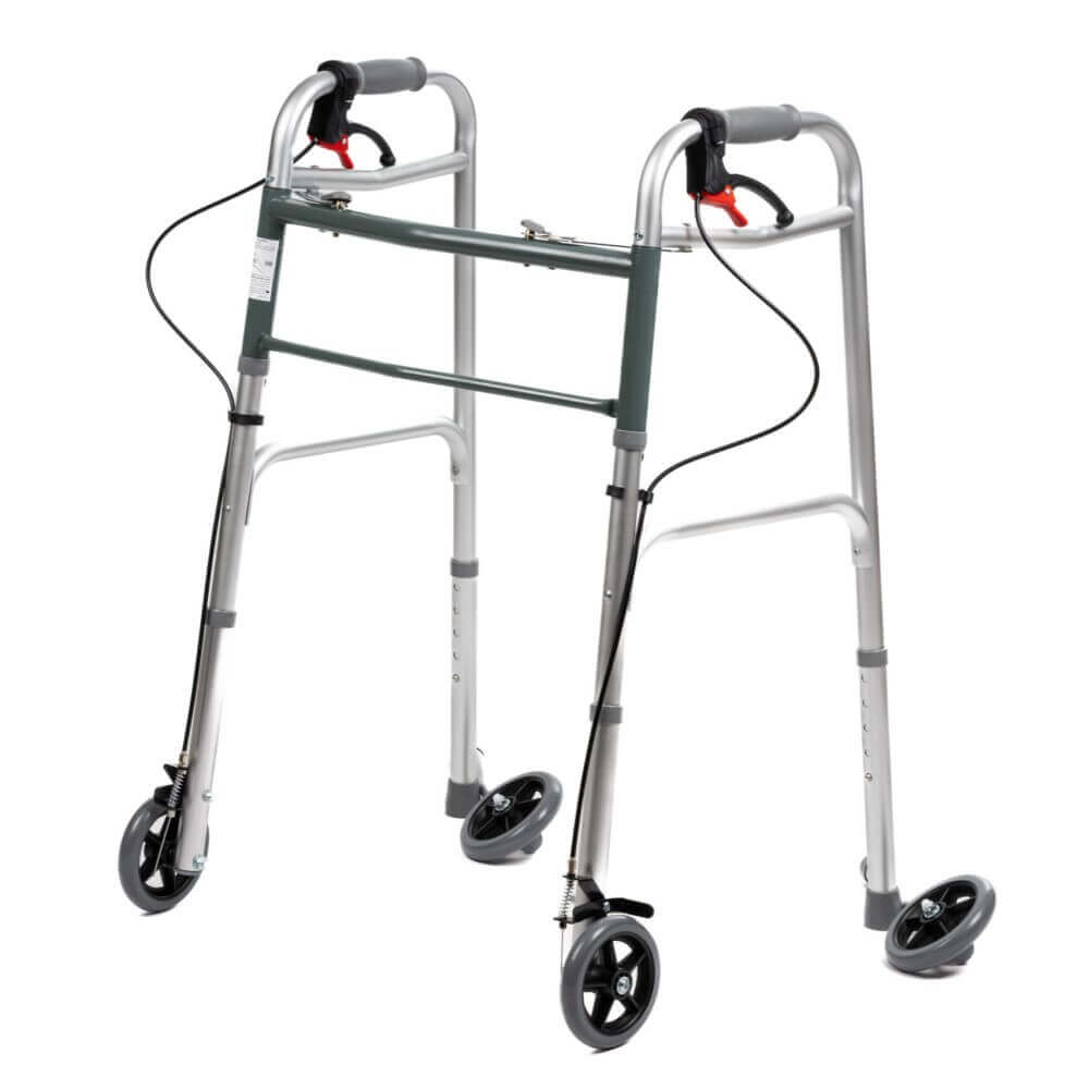 Gehbock mit Handbremse aus Aluminium, klappbar, höhenverstellbar 84–94 cm, bis 125 kg, mit ergonomischen Griffen und Rollen