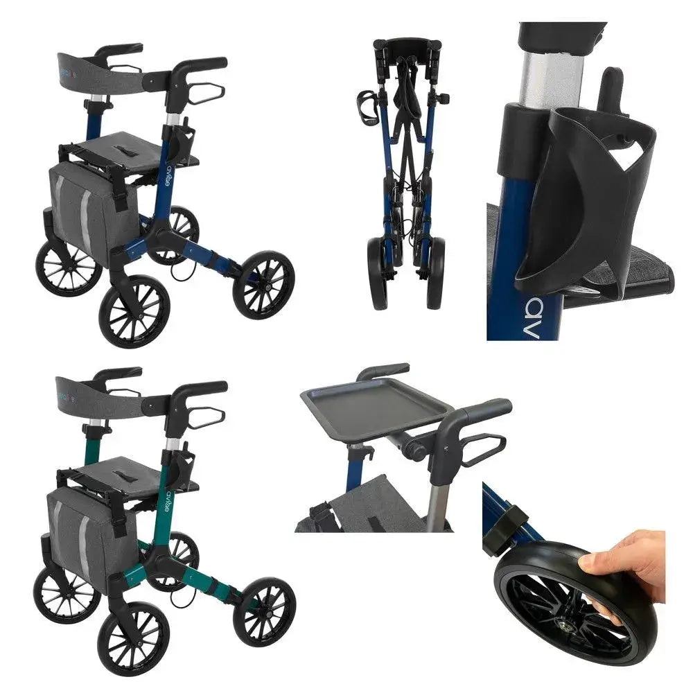 rollator leicht faltbar 7,9 kg mit Tablett und Einkaufstasche, stabiler Reha-Rollator, Detailansichten von Faltmechanismus und Rädern