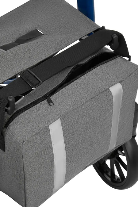 rollator leicht faltbar mit Einkaufstasche und Schultergurt, graue Tasche am Rollator befestigt