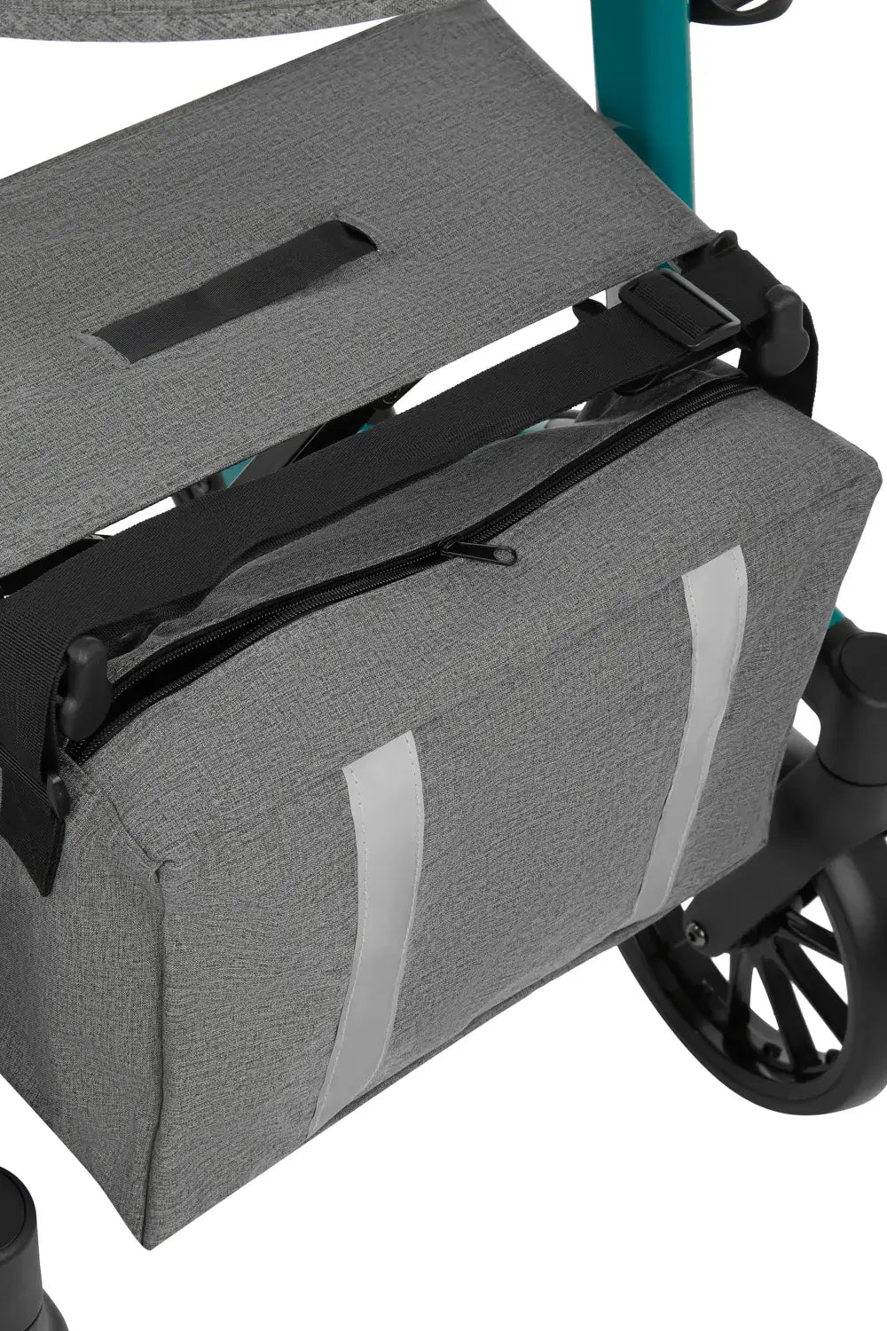 rollator leicht faltbar mit Einkaufstasche und Tablett am Rollator, graue Tasche mit Reflektoren, Detailansicht