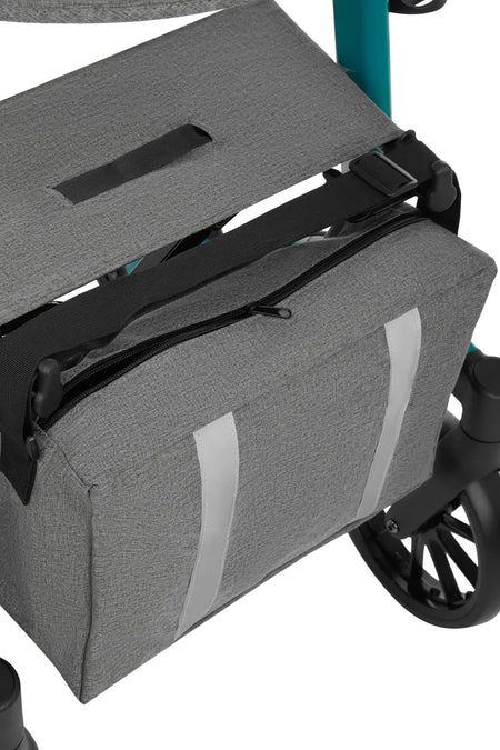 rollator leicht faltbar mit Einkaufstasche und Tablett am Rollator, graue Tasche mit Reflektoren, Detailansicht