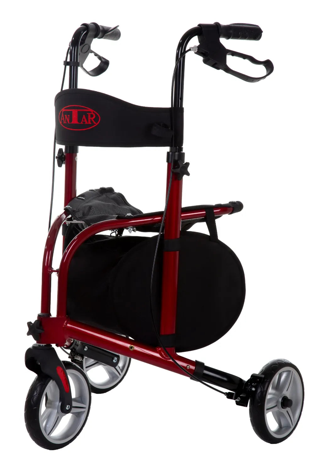 3-Rad Rollator AT51056 in Rot mit Sitz, Rückenlehne und Einkaufstasche – Vorderansicht