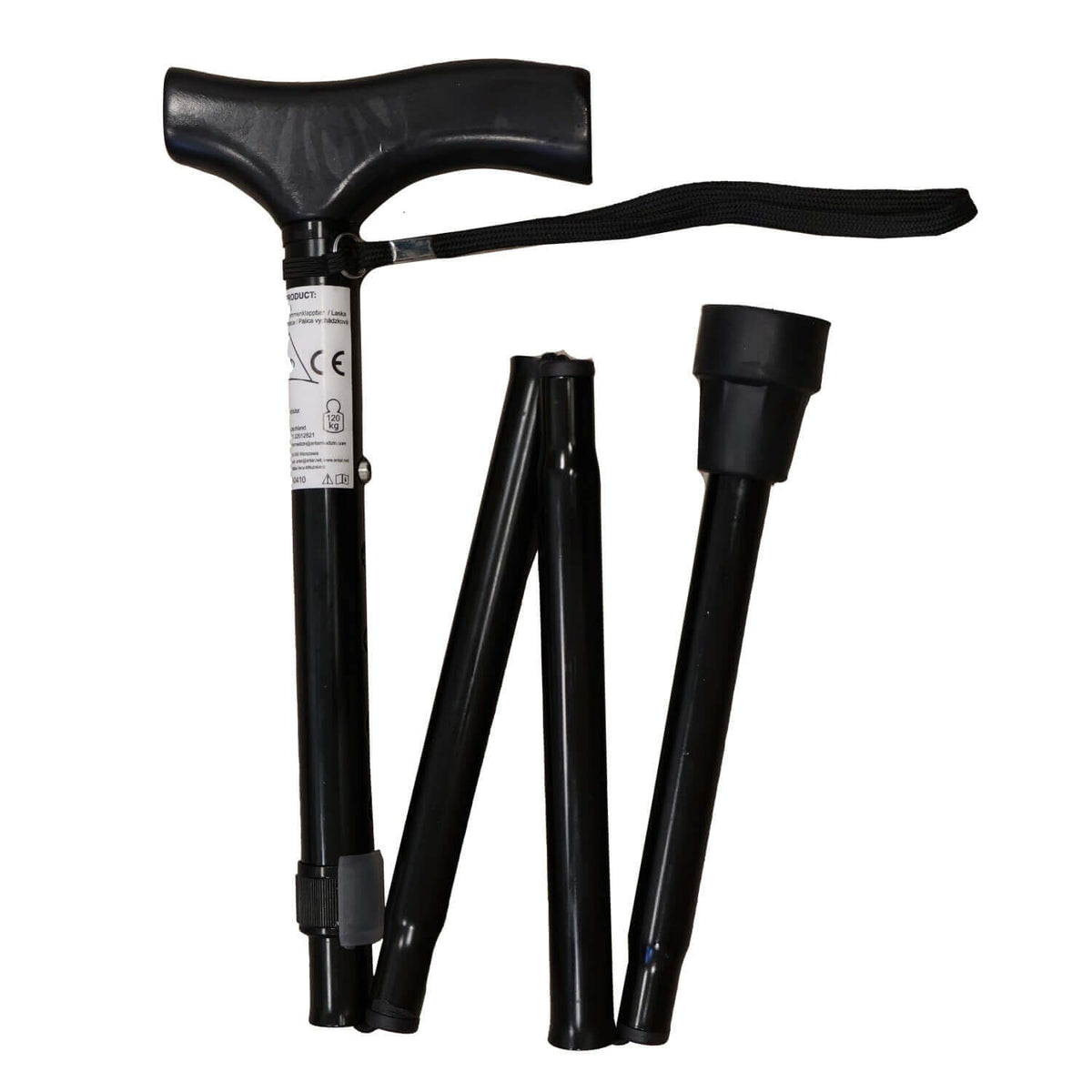 Aluminium Gehstock klappbar aus Aluminium, höhenverstellbar mit ergonomischem Griff und Handschlaufe, schwarz