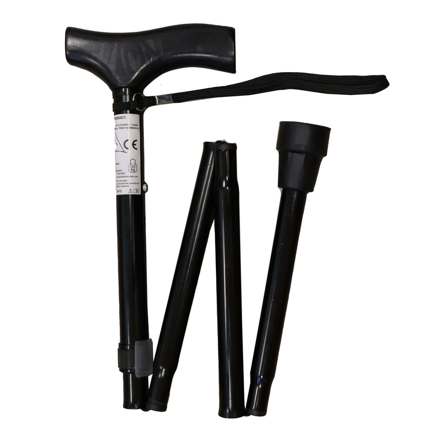 Aluminium Gehstock klappbar aus Aluminium, höhenverstellbar mit ergonomischem Griff und Handschlaufe, schwarz