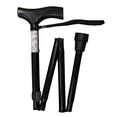 Aluminium Gehstock klappbar aus Aluminium, höhenverstellbar mit ergonomischem Griff und Handschlaufe, schwarz
