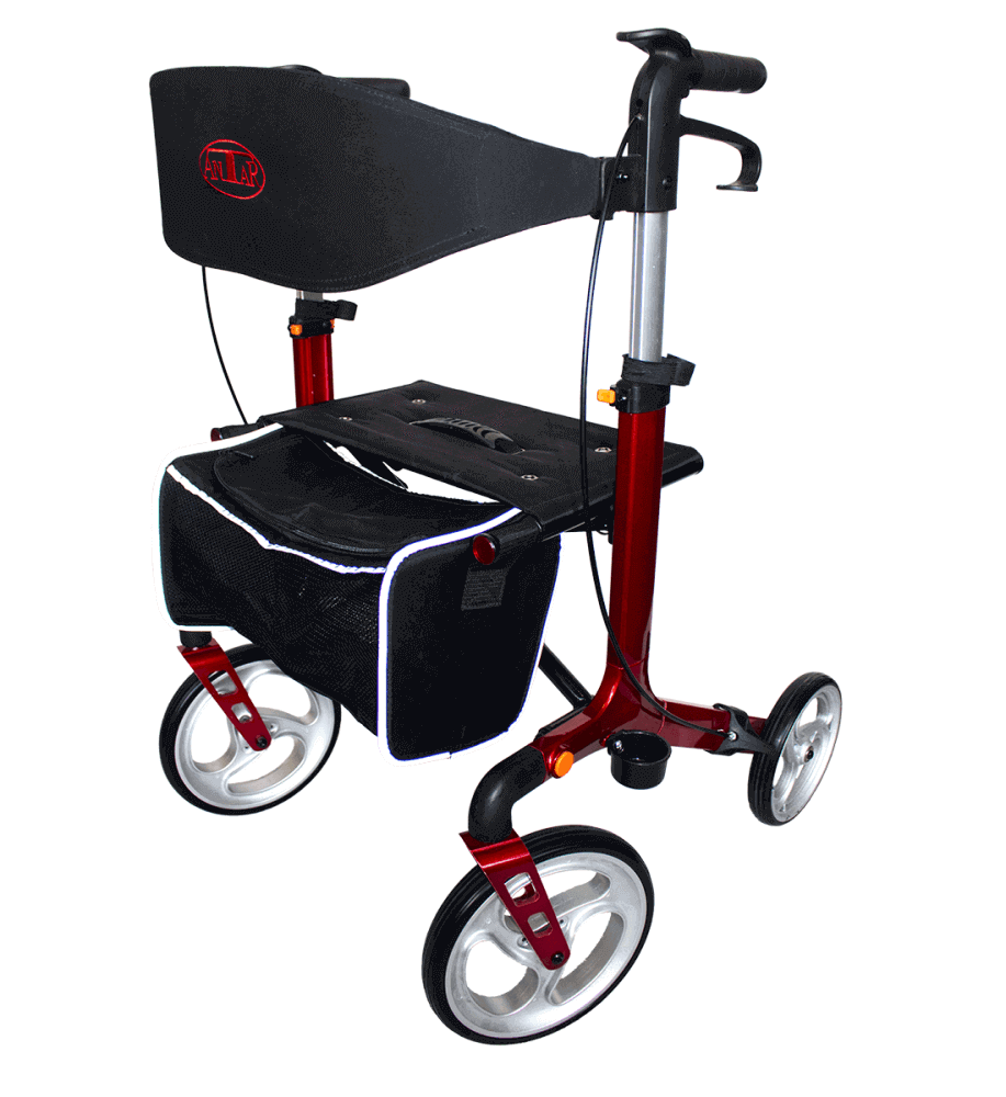 Premium Aluminium Rollator in Rot/Schwarz, leicht und faltbar, mit Tasche, Rückenlehne und großen Rädern