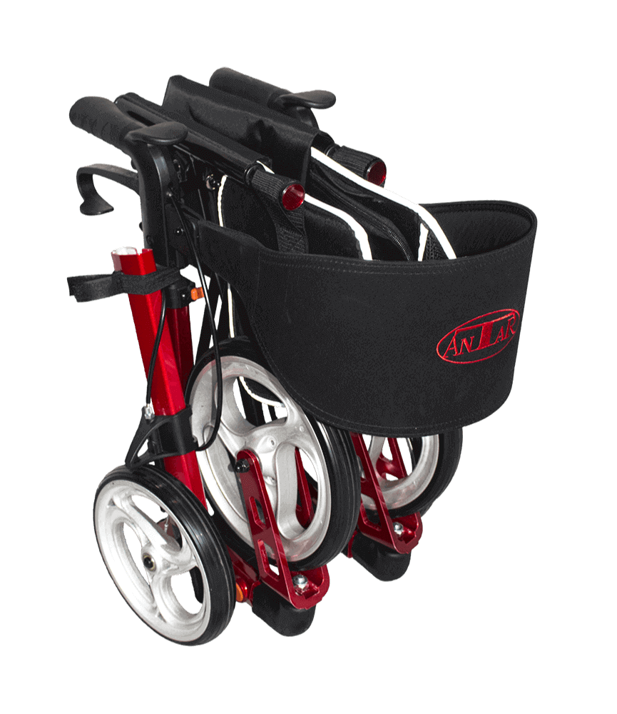 Premium Aluminium Rollator faltbar in Rot, leicht und stabil, kompakt zusammengeklappt mit Tasche und Rädern