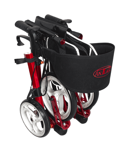 Premium Aluminium Rollator faltbar in Rot, leicht und stabil, kompakt zusammengeklappt mit Tasche und Rädern