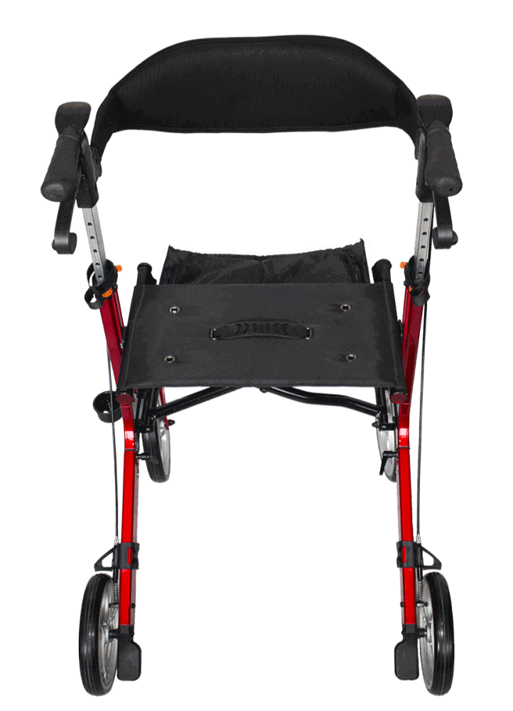 Premium Aluminium Rollator leicht faltbar mit Sitzfläche, Rückenlehne und Handbremsen – stabiler Aluminium-Rollator in Rot