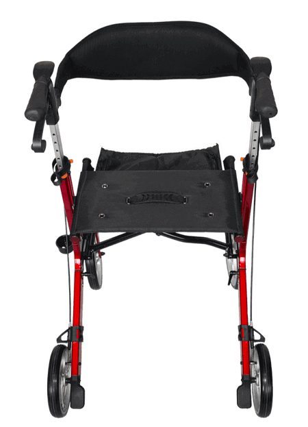 Premium Aluminium Rollator leicht faltbar mit Sitzfläche, Rückenlehne und Handbremsen – stabiler Aluminium-Rollator in Rot