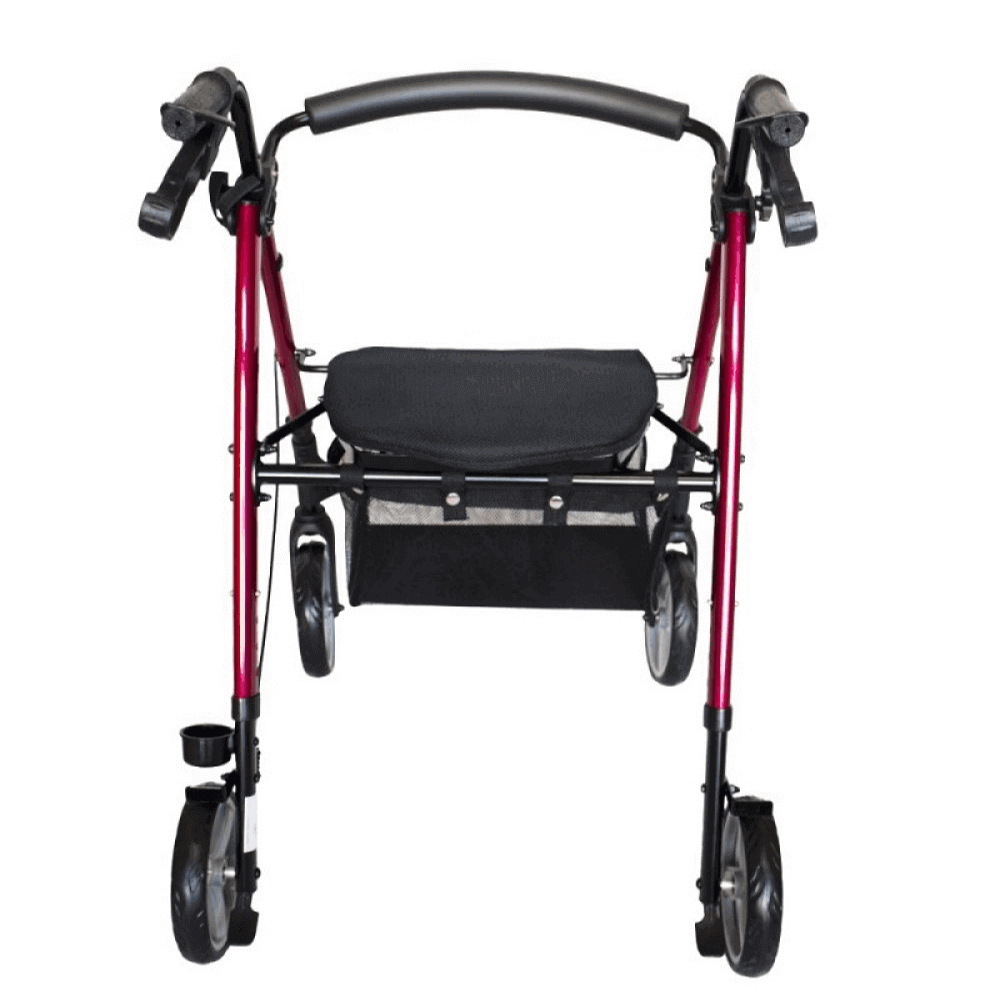 Leichtgewicht Rollator Aluminium, faltbarer roter Rollator mit Sitzfläche, Handgriffen und Korb – stabil für Alltag und Reisen