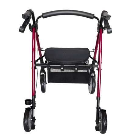 Leichtgewicht Rollator Aluminium, faltbarer roter Rollator mit Sitzfläche, Handgriffen und Korb – stabil für Alltag und Reisen