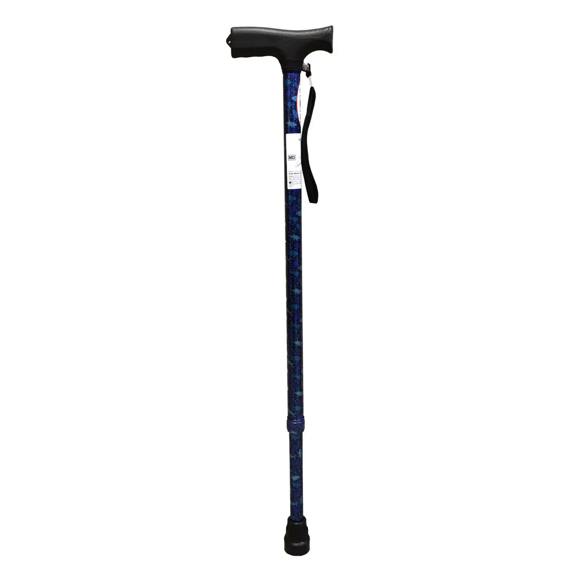 Aluminium Gehstock höhenverstellbar mit Derbygriff – leichter Gehstock aus Aluminium mit Gummifuß und Handschlaufe, blau gemustert