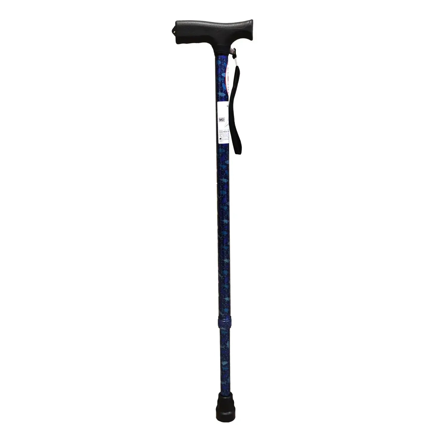 Aluminium Gehstock höhenverstellbar mit Derbygriff – leichter Gehstock aus Aluminium mit Gummifuß und Handschlaufe, blau gemustert