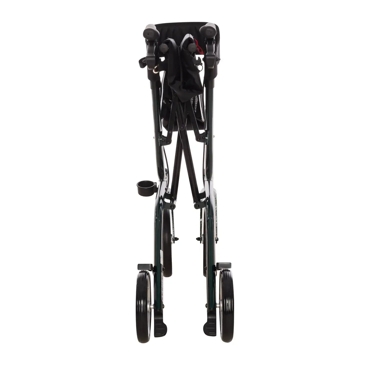 Leichter faltbarer Rollator aus Aluminium, zusammengeklappt mit Sitz, Tasche und Gehstockhalter, Ansicht von vorne