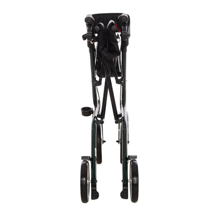 Leichter faltbarer Rollator aus Aluminium, zusammengeklappt mit Sitz, Tasche und Gehstockhalter, Ansicht von vorne