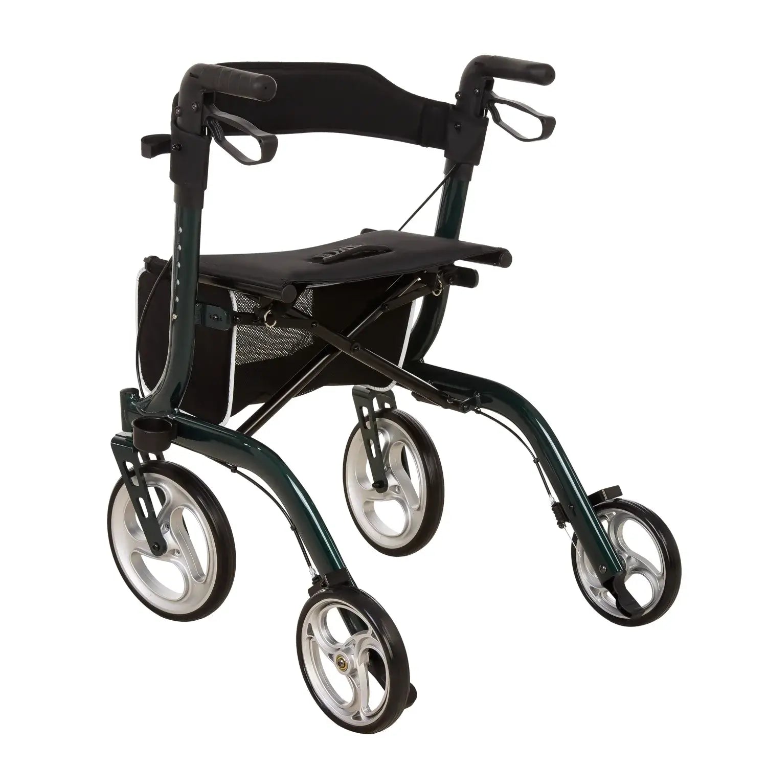 Leichter faltbarer Rollator aus Aluminium mit Sitz, Tasche, Rückenlehne und großen Rädern für innen und außen