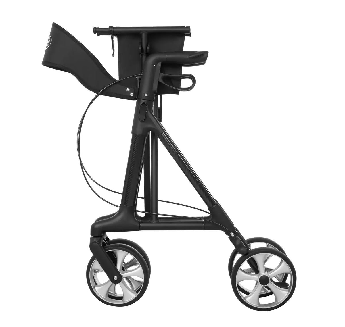 Carbon Rollator ultraleicht aus Carbonfaser mit Einkaufstasche, Softreifen und Sitzfläche – stabiler Premium-Rollator in Schwarz