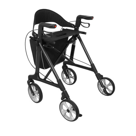 Carbon Rollator ultraleicht aus Carbonfaser mit Einkaufstasche, Softreifen und Sitzfläche – stabiler Gehwagen in Schwarz