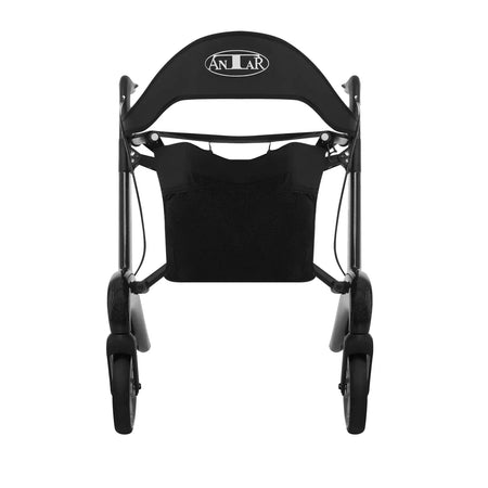 Carbon Rollator ultraleicht 5,5 kg, faltbar und belastbar bis 150 kg – schwarzer Rollator mit Sitz und Tasche, Frontansicht