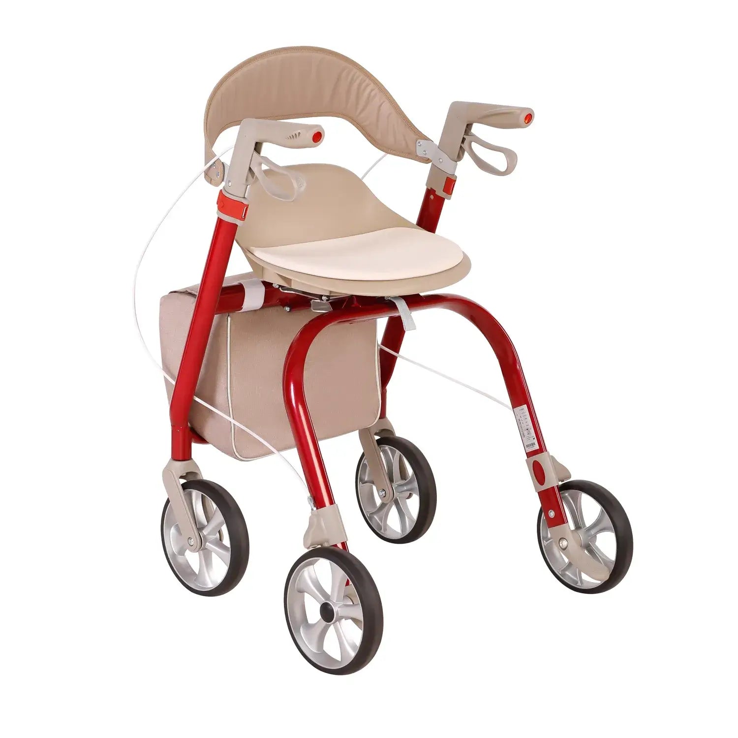 Aluminium rollator faltbar mit Sitz, Rückenlehne und Einkaufstasche, rot-beige, leicht und stabil für Innen- und Außenbereich