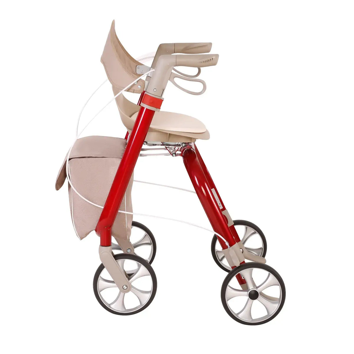 Aluminium rollator faltbar mit Sitz, Rückenlehne und Einkaufstasche, roter leichter Gehwagen mit großen Rädern