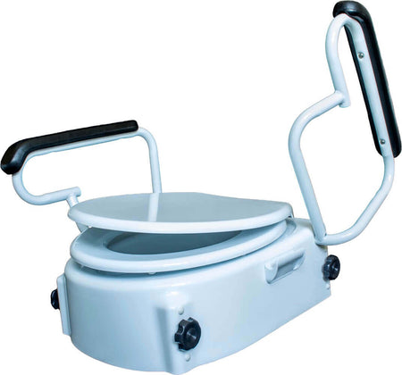 Toilettensitzerhöhung mit Armlehnen und Deckel, höhenverstellbar, klappbare Armlehnen, sichere Befestigung für Senioren