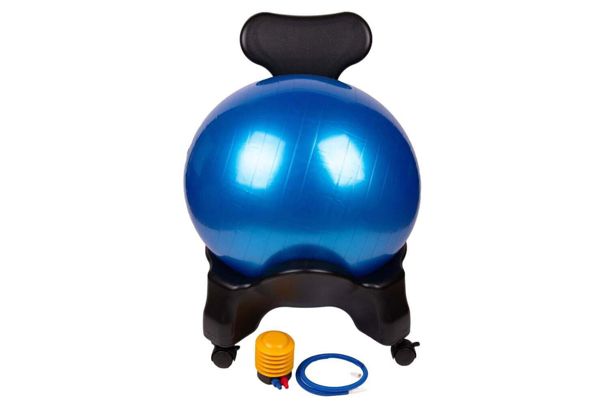 Rehabilitationsball mit Ständer – blauer Gymnastikball mit Rückenlehne, Rollenständer, Pumpe und Widerstandsband für Sitzen & Training