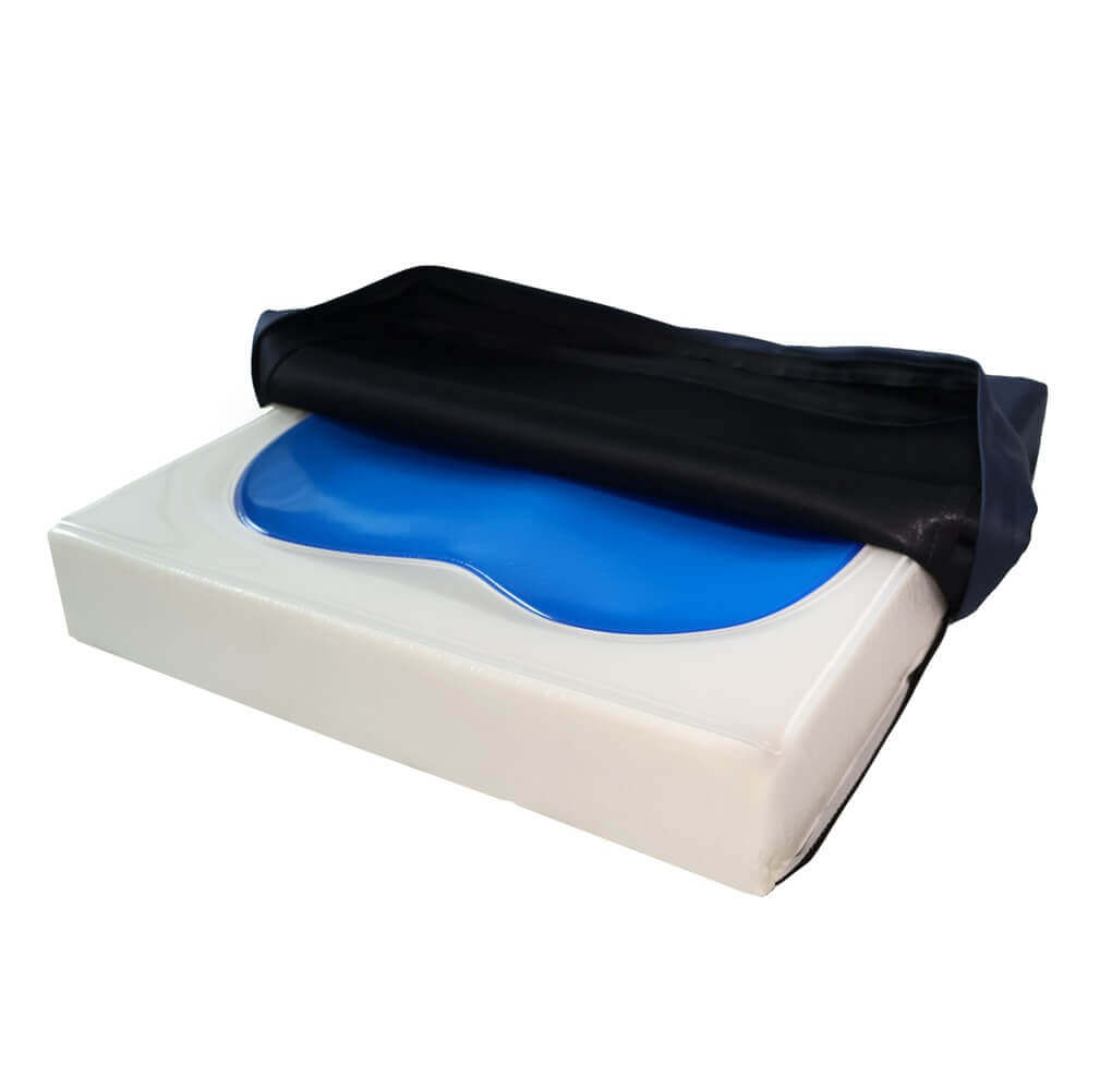 Antidekubitus Sitzkissen aus Gel-Schaum druckentlastend, bequemes Sitzkissen zur Dekubitusprophylaxe, blau-weiß mit Bezug