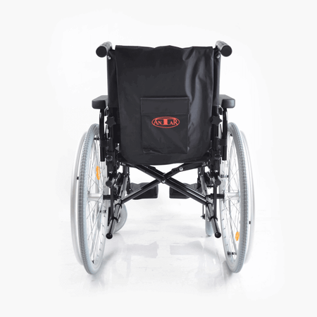 Aluminium Rollstuhl leicht Antar AT52302 faltbar, Rückansicht mit großen Rädern, stabil bis 120 kg, ideal für Alltag und Komfort