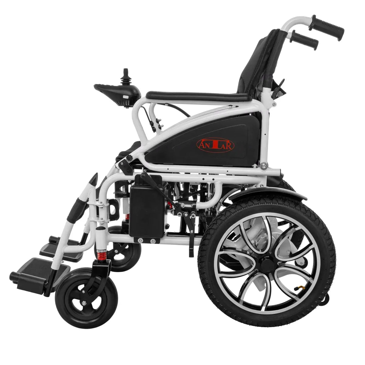 Elektrischer Rollstuhl faltbar von Antar, Modell AT52304, 250 W Motor, Lithium-Akku, 6 km/h, Seitenansicht, schwarz-weiß
