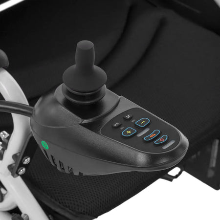 Elektrischer Rollstuhl faltbar – Joystick-Bedienung am Armlehnenmodul mit Tasten für Geschwindigkeit und Steuerung
