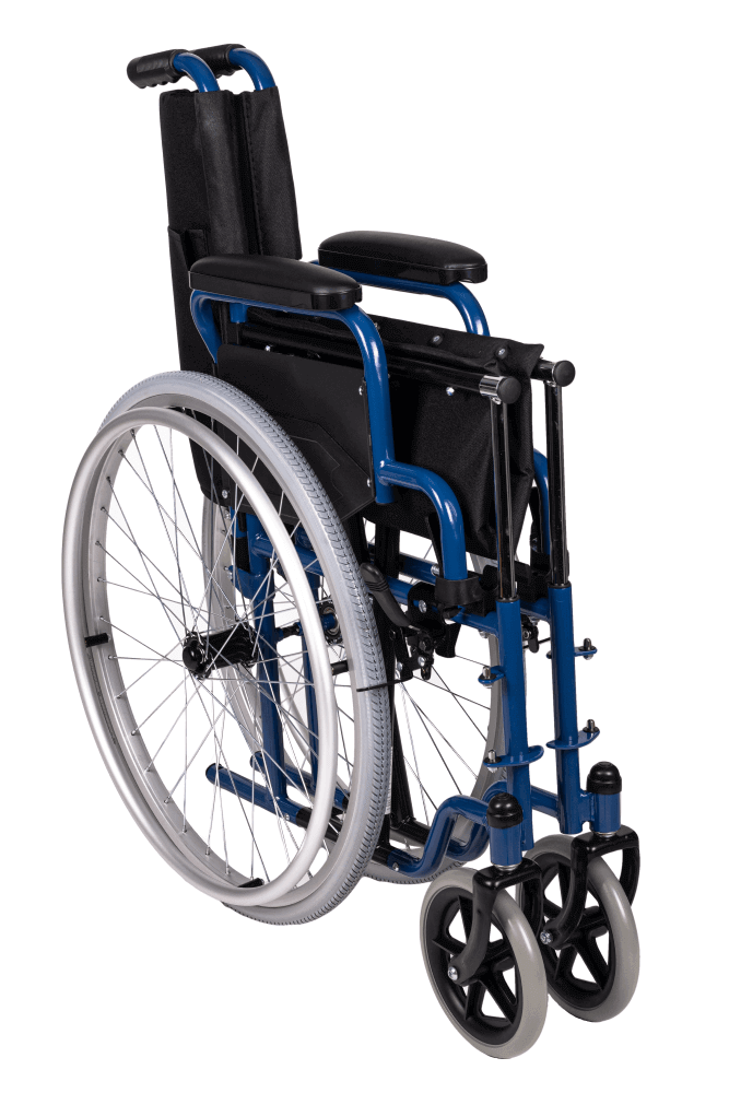 Rollstuhl aus Stahl mit blauen Rahmen, gepolsterten Armlehnen, großen Hinterrädern und schwenkbaren Vorderrädern
