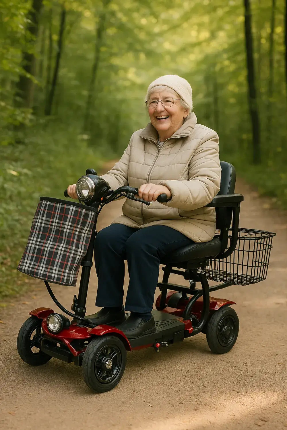 Elektromobil faltbar mit Sitz und Korb – ältere Frau fährt faltbaren E-Scooter im Wald, 25 km Reichweite