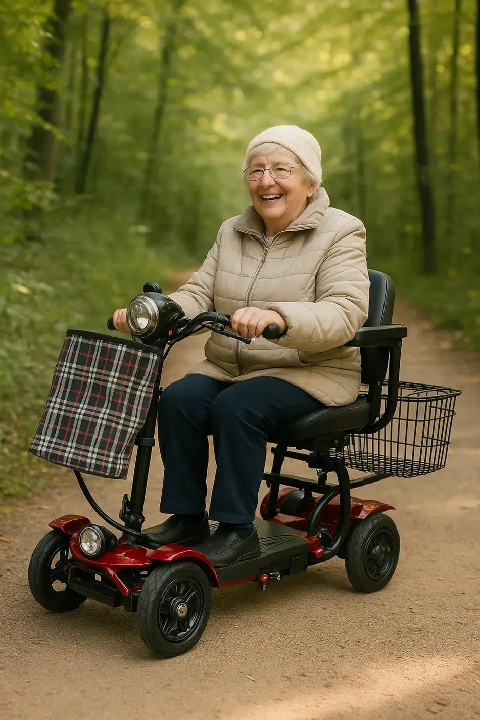 Elektromobil faltbar mit Sitz und Korb – ältere Frau fährt faltbaren E-Scooter im Wald, 25 km Reichweite