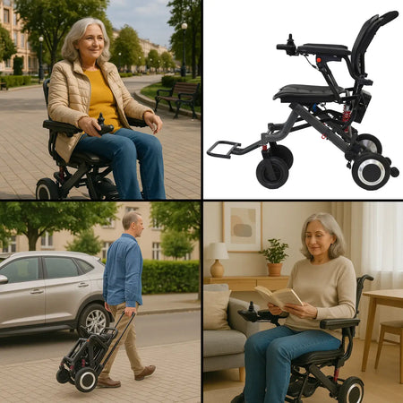 Elektrorollstuhl faltbar leicht aus Carbon 13,8 kg, kompakt faltbar, 250 W, 6 km/h – im Alltag drinnen & draußen