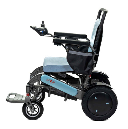 elektrischer Rollstuhl faltbar mit Fernbedienung, Seitenansicht, komfortabler Sitz, Aluminiumrahmen, kompakt und mobil